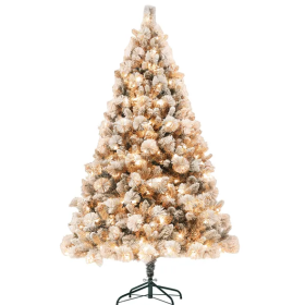HOMCOM 6.5 Ft Pre-Lit Artificial Christmas Tree With 350 Clear Lights And 1107 Tips, Snow Flocked Christmas Tree With Metal Stand, Hinged Xmas Tr (Color: Green)